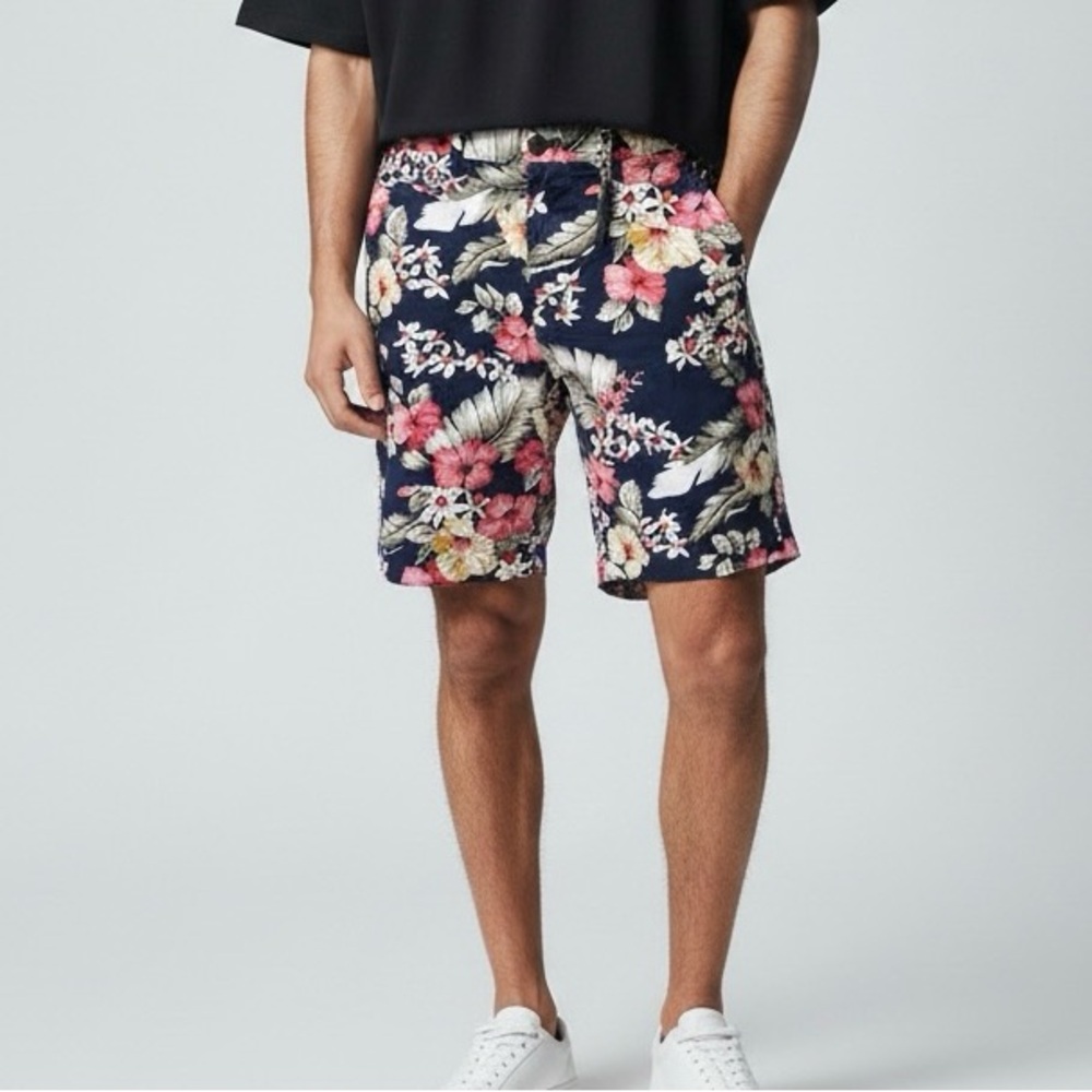 Denim & Flower Ricky Singh Unisex Navy With Pink/Cream Hibiscus Print Shorts 32